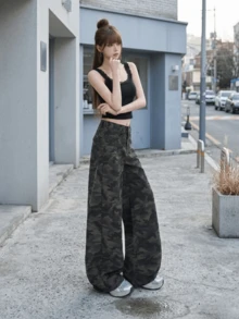 复古休闲宽松迷彩阔腿牛仔裤，女士春季款 - 軍綠迷彩 - 查看 5