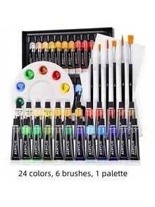 Bộ sơn acrylic 24 màu, chai 60ml/2oz, kèm 5 cọ vẽ, 1 mút xốp và 1 bảng pha loãng, màu sắc tươi sáng, không phai, thích hợp cho họa sĩ và người lớn, có thể dùng trên đá, vải bố, gỗ, vải, gốm sứ và đá tự nhiên. Bộ gồm 12/24 màu, mỗi chai 12ml sơn acrylic. - Một cỡ - Xem 9