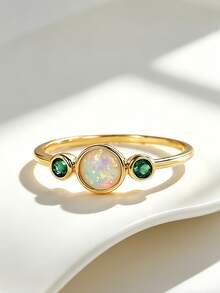 Charm-In Nhẫn mạ vàng 18K đính đá Opal và CZ xanh lá cây, trang sức ba viên đá tinh tế dành tặng phụ nữ. - Vàng - Xem 1