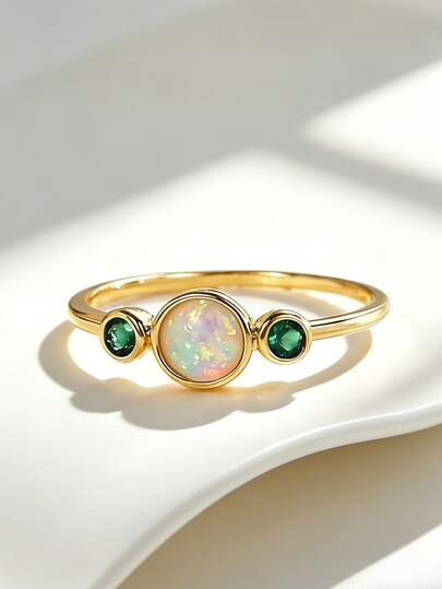 Charm-In 18K Gold Plated Opal & Green CZ Ring, Dainty Three-Stone Jewelry For Women Gift