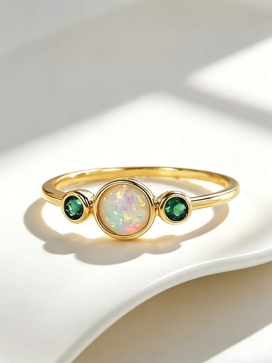 Charm-In Nhẫn mạ vàng 18K đính đá Opal và CZ xanh lá cây, trang sức ba viên đá tinh tế dành tặng phụ nữ. - Vàng - Xem 1