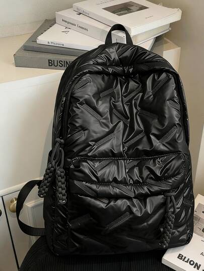 Mochila clásica de moda para estudiantes, nuevo estilo universitario elegante, diseño de patrón de rombos de unicolor, mochila de gran capacidad con múltiples bolsillos, adecuada para viajes y vacaciones, opción ideal para uso en el campus durante las clases. Viajes de corta distancia