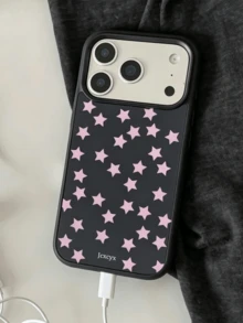 可爱波点亮面防摔手机壳，适用于 17 Air 11 12 13 14 15 16 Pro Max，IMD 防摔保护套 - 黑底粉星 - 查看 3