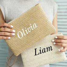 Personalized Embroidered Straw Clutch Bag, Women's Raffia Makeup Bag, Customizable Name/Letter Zipper Pouch, Boho Style Woven Handbag, Beach Holiday Clutch, Bridal Bridesmaid Wedding Purse, Bachelorette Party Gift, Travel Organizer, Unique Gift - Multicolor - View 6