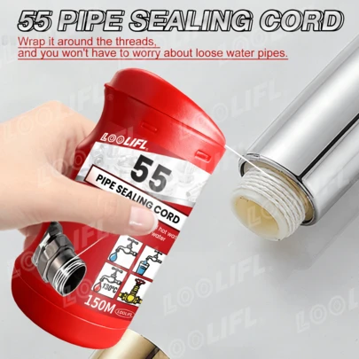 L55 Nueva cuerda de sellado de tuberías roscadas, adecuada para conectar tuberías de gas, tuberías de calefacción, tuberías de agua fría y caliente, válvulas triangulares de grifos, tuberías de agua de baños y cocinas para evitar fugas, sellado de tuberías metálicas roscadas y prevención de fugas, cinta para tuberías ajustable.