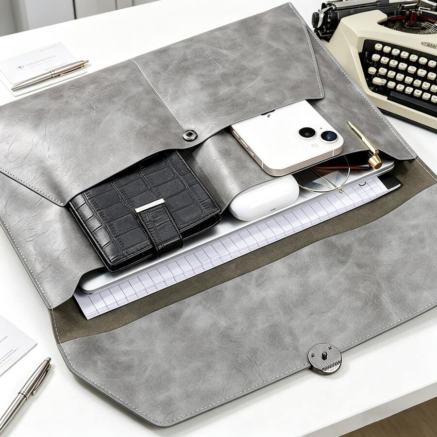 PU Leather Laptop Sleeve Envelope Document Bag, Large Capacity Multi-Pocket Business Office Bag For 13 14 Inch Laptop Tablet, Portable Commute Folder For Men Women Work School Travel - View 1
