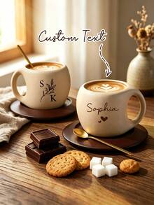 Personalized Ceramic Coffee Cup & Saucer Set With Wooden Coaster And Metal Spoon, Custom Name Coffee Mug, Suitable For Travel And Home Use, Housewarming Gift - Simple and Elegant - View 3