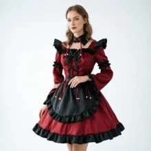 Trang phục hầu gái Gothic đỏ đen, váy Lolita thắt nơ, trang phục Halloween, váy hầu gái kiểu châu Âu cổ điển với tạp dề xếp nếp. - Đỏ - Xem 2