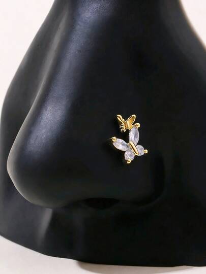 1件金色立方氧化锆双蝴蝶设计鼻钉，精致女士鼻部穿孔饰品，Y2K美学