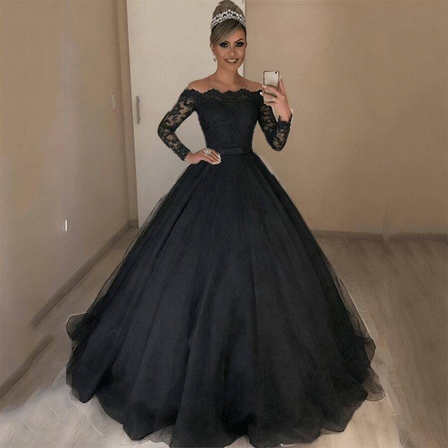 Large Size One-Word Shoulder V-Neck Slim-Fitting Fashion Lace Skirt Fluffy Trailing Wedding Dress - màu đen - Xem 1