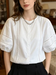 女款白色襯衫，短澎澎袖，前開鈕扣設計，無彈性聚酯纖維面料，標準長度，適合夏季日常穿著 - 白色 - 查看 5