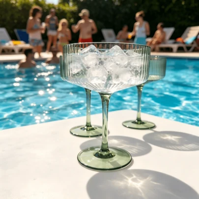 12pcs/Set 7oz Party Stemware, Vintage Blue Wine Glasses, Champagne Flutes, Whiskey Crystal Tumblers, Suitable For Home, Office, Bar, Wedding, With Textured Design, Applicable For Pool, Beach And Large Parties (12pcs Set, Ocean Blue, Rose Pink, Fresh Green)