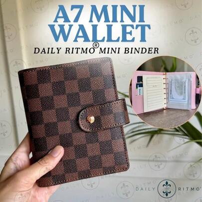 Classic Retro Checkerboard A7 Mini Loose-Leaf Planner, Brown Checkered With Girly Pink Inner Pages,  Notebook, 6-Hole Ring For Detachable Refill, With Bank Card Pocket, Portable Schedule Planner, Student Error Notebook, Working Person's Expense Recorder, High-Value, Light Luxury Style Planner Cover.