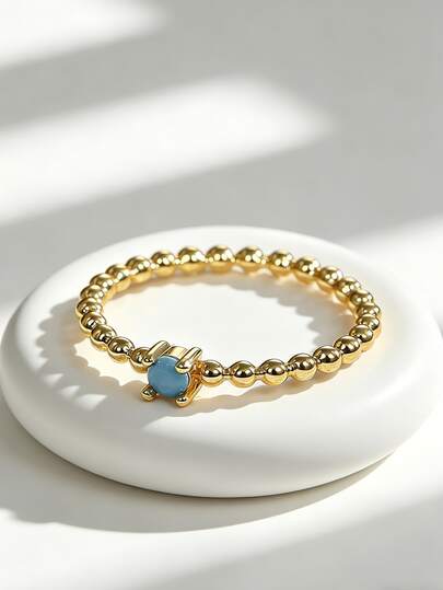 Charm-In Nhẫn xếp chồng mạ vàng 18K đính đá ngọc lam, kiểu dáng thanh mảnh với bốn chấu, trang sức đeo hàng ngày dành cho nữ.