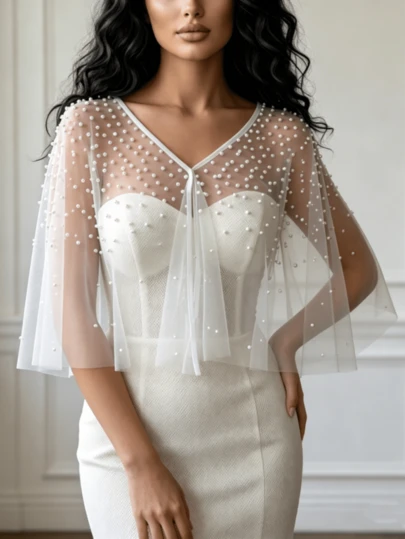 Chal de mujer con perlas falsas brillantes de talla única, blusa de gasa blanca para novia y boda, adecuado para exhibición en escaparate, vestido de fiesta, accesorio de ropa exterior para vacaciones