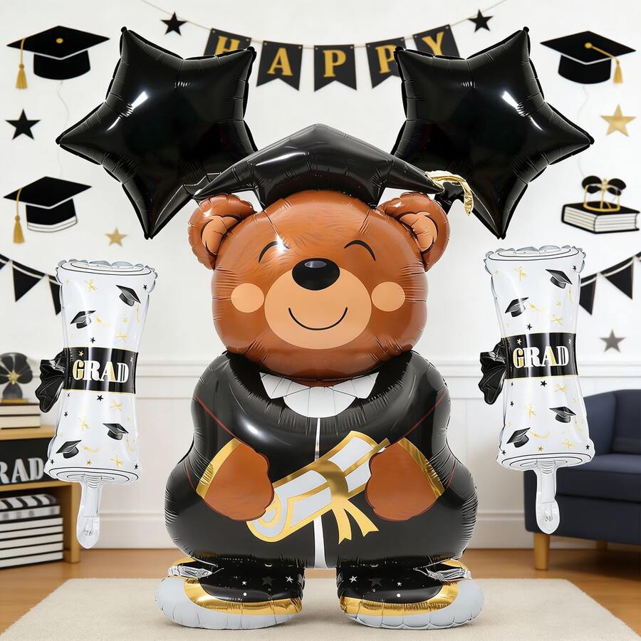 5pcs Oversized Graduation Bear Balloon Set, Made Of Aluminum Foil With Graduation Cap Design, Suitable For Party Decoration And Graduation Celebration - View 1