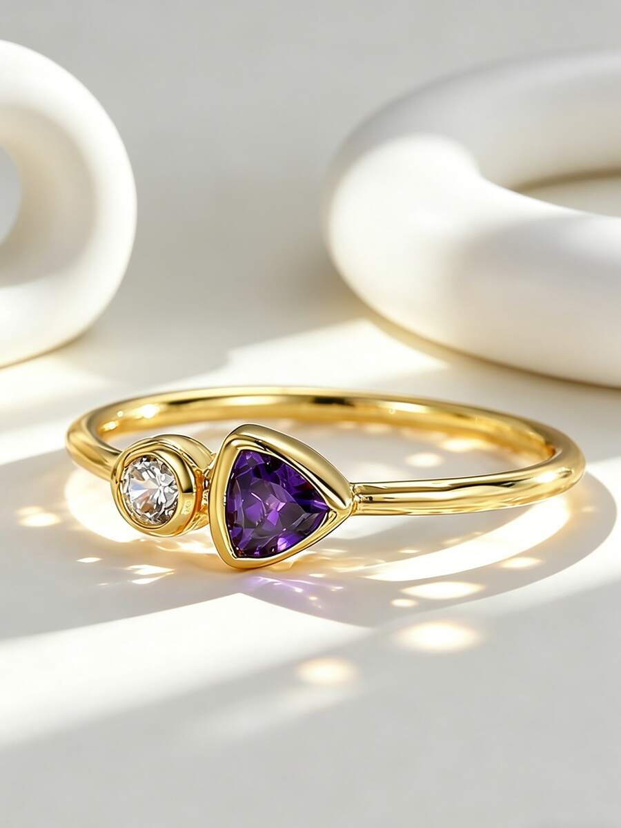 Charm-In 18K Gold Plated Trillion Amethyst & Clear CZ Open Ring, Adjustable Two-Stone Statement Jewelry For Women - Gold - View 1