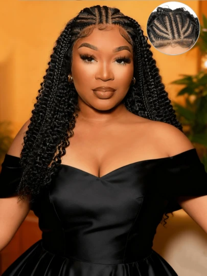 13X6 HD Lace Frontal Half Braided Curly WigsSynthetic Half-Cornrows Half-Curly Wig With BabyHair Pre Styled Braid Wigs,22Inch