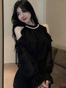 Blusa elegante de hombros descubiertos con volantes de unicolor negro para mujer - Negro - Ver 4