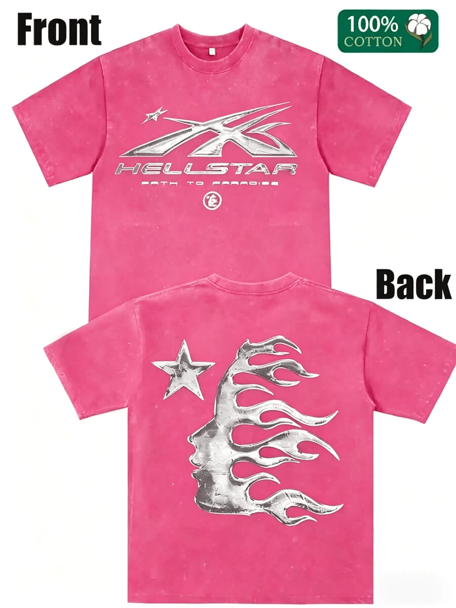 Men's Printed Pattern Washed T-Shirt - Casual Loose Summer T-Shirt With Star And Flame Design, Adult Rose Red 100% Pure Cotton Round Neck Shirt, Breathable T-Shirt |   Avant-Garde Casual Wear |   100% Pure Cotton Printed T-Shirt, Round Neck Vintage Cotton T-Shirt - 玫紅色 - 查看 1