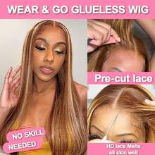 即戴即走的无胶假发，真人前额发，200密度，5x5高清蕾丝闭合，预先拔毛、预先漂白、预先剪裁，无胶波波头假发，女士真人混纺发，巴西原生发，13x4/13x6高清透明蕾丝前额假发，#4/27蜂蜜金渐变挑染 - SP4/27 - 查看 9