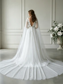 1 chiếc áo choàng cô dâu bằng vải tuyn đính ren cỡ lớn, kiểu dáng nhà thờ, thích hợp cho chụp ảnh cưới. - Nhiều màu - Xem 2