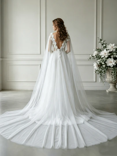 1 pieza Capa nupcial de tul con aplicación de encaje extra grande, velo de boda de catedral, adecuado para fotografía nupcial