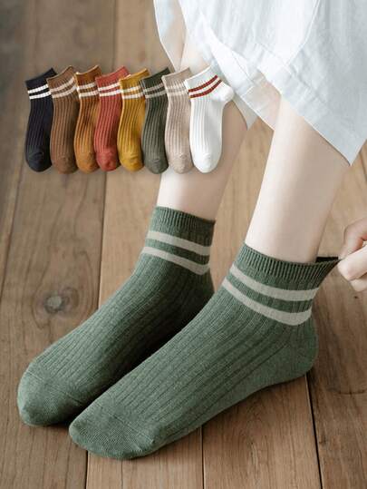 3/5/8 đôi tất cổ ngắn đơn giản kẻ sọc kép dành cho nữ, kiểu Hàn Quốc, thoáng khí, thấm hút mồ hôi, thoải mái cho trang phục thường ngày và đi học.