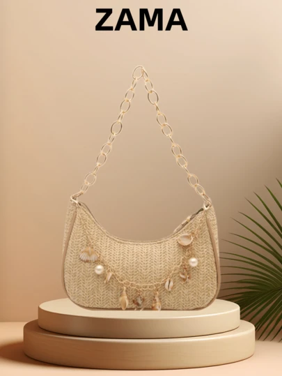 1 Contrasting Color Design Women's Bohemian Straw Woven Chain Shoulder Bag, Summer Raffia Woven Hobo Bag, Decorated With Shell And Pearl Pendants, Can Be Used As A Vacation-Style Underarm Bag And Crossbody Bag, Suitable For Daily Outings And Travel Vacations, Ideal For Beginners And White-Collar Workers, As Well As An Excellent Choice For Back-To-School, University, Junior High And Senior High School Students.