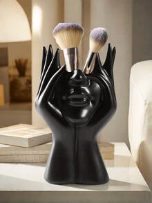 1 pièce Porte-pinceau de maquillage féminin créatif Sculpture de main touchant la joue Organisateur de coiffeuse de bureau Figurine artistique pour la table de maquillage Décoration de salle de bain - Noir - Voir 4