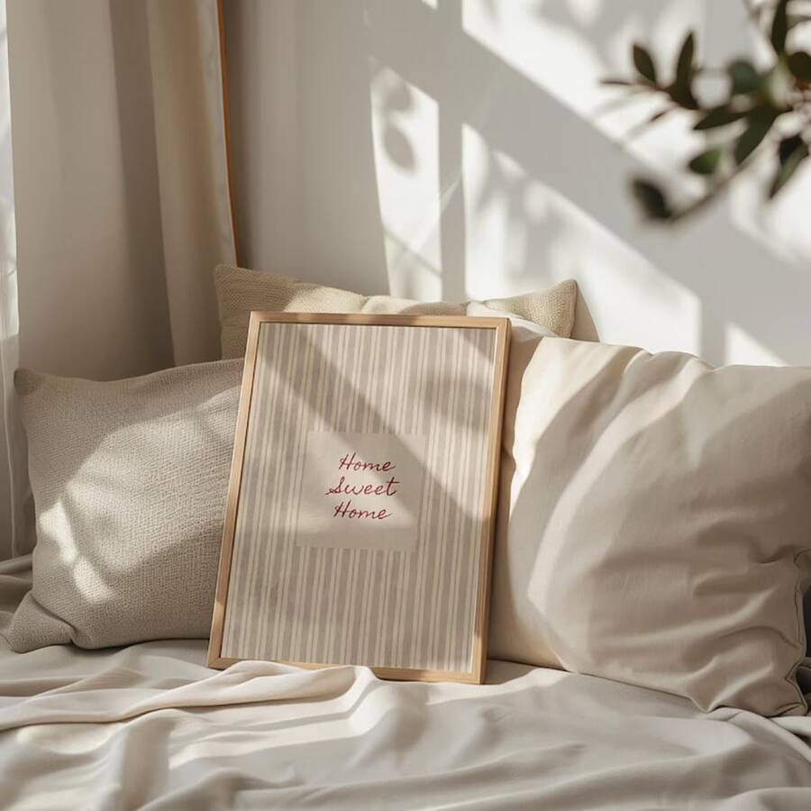 Set Of 1 Home Sweet Home Striped Vintage Canvas Wall Art | Beige Retro Typography Print | Cozy Mid Century Entryway Decor For Living Room Hallway,Frameless/Framed - A - View 1