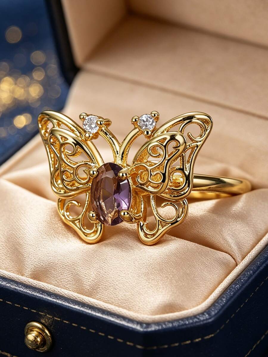 Women's Gold-Plated Hollow Butterfly Ring, Featuring Oval Purple Zirconia Stone And White Zirconia Accents, Ethereal And Fantastical Design, Suitable For Daily Commute And Workwear, An Ideal Gift For Fashion Enthusiasts - Gold - View 1
