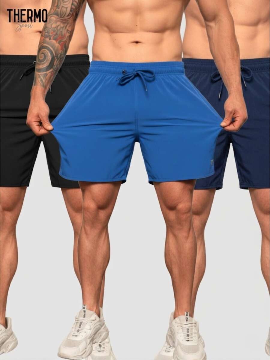 Kit Of 3 Men's Beach Shorts With Lycra, Suitable For Gym, Running, Crossfit, Plain, Basic - 黑色/海軍藍/皇家藍 - 查看 1