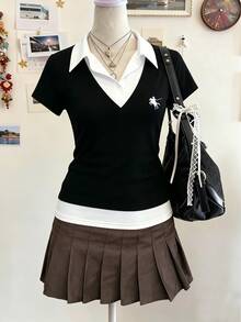Women's Fashion Casual Slim Fit Contrast Color Polo Collar Commuter T-Shirt Summer - Black and White - View 3