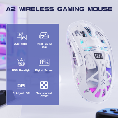 ATTACK SHARK A2 Transparent Wireless Gaming Mouse, Dual Mode Bluetooth 5.0/2.4G PC Gaming Mouse, PixArt 3212 5-Level Adjustable DPI, Rechargeable Silent Mouse With Digital Display, RGB Backlit Gaming Mouse
