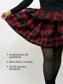 Short Round Skirt Country June Party Square Dance Arraiá São João Adult - 紅/黑格紋裙 - 查看 3