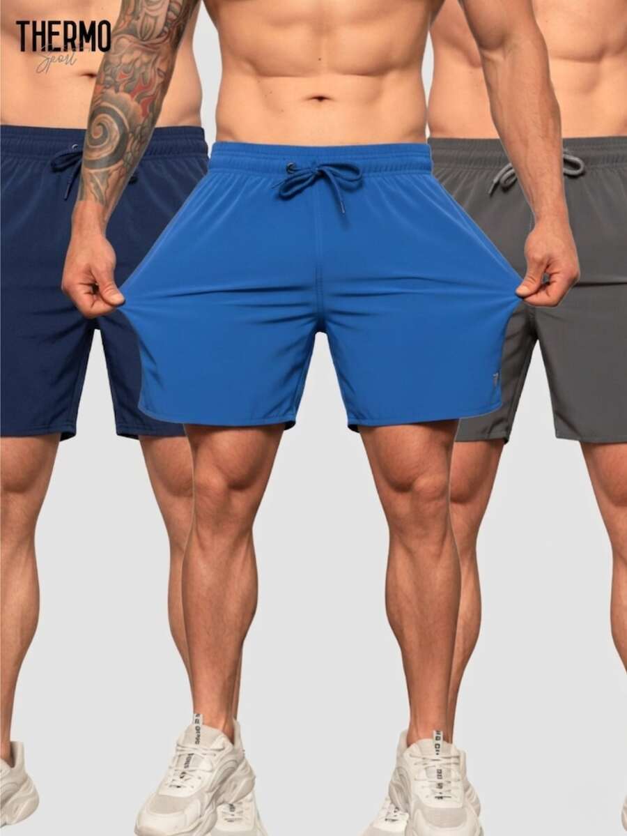 Kit Of 3 Men's Beach Shorts With Lycra, Suitable For Gym, Running, Crossfit, Plain, Basic - 灰/海軍藍/皇家藍 - 查看 1