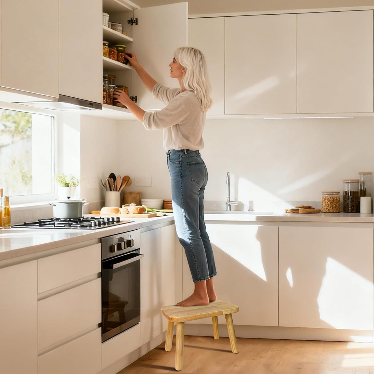 13.4 英寸成人重型木质踏凳，浴室凳，适用于高床、厨房、浴室、办公室、花园等场所，方形实木踏凳，可作植物架，防滑，承重 300 磅，易于组装 - 彩色 - 查看 1