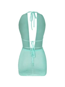 Women's 2026 New Sexy Deep V-Neck Halter Knit Bodycon Mini Dress Vacation Beach Summer - Mint Blue - View 7