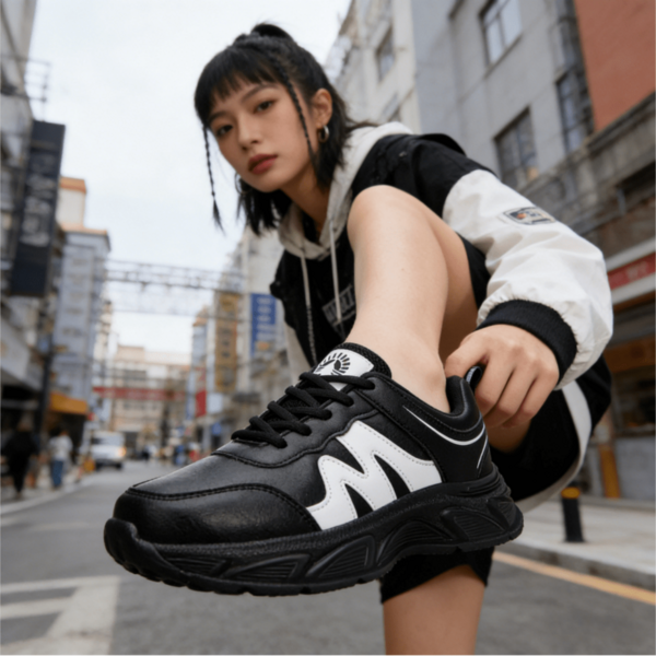 黑白拼接厚底女式运动鞋，轻便缓震跑步鞋，百搭休闲鞋