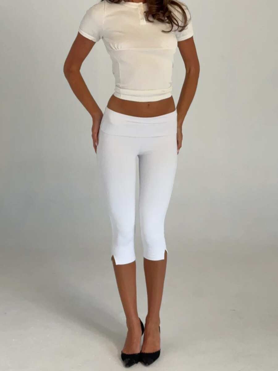 Women's Summer Fold Over Waist Capri Pants Side Slit High Waisted Stretchy Slim Fit Yoga Leggings Y2k Knee Length Going Out Cropped Pants - 白色 - 查看 1