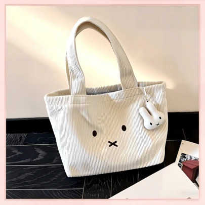  1 Túi tote nhung kẻ hình Miffy, túi xách hoạt hình dễ thương thích hợp đi học, đi làm và sử dụng hàng ngày, món quà hoàn hảo cho bạn gái, bạn thân và học sinh (Không kèm mặt dây chuyền)