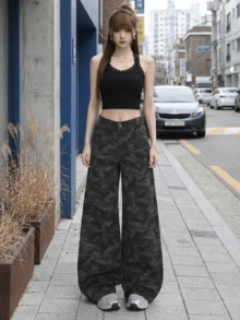 复古休闲宽松迷彩阔腿牛仔裤，女士春季款 - 軍綠迷彩 - 查看 7