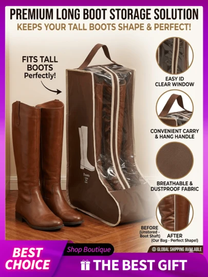 En transparent framåtöppnande skopåse för hög stövel, bärbar dammtät skopåse med dragkedja och handtag, bibehåller stövelformen, platsbesparande vikbart skyddsöverdrag, lämplig för förvaring av höga stövlar i garderoben och reseförpackning.