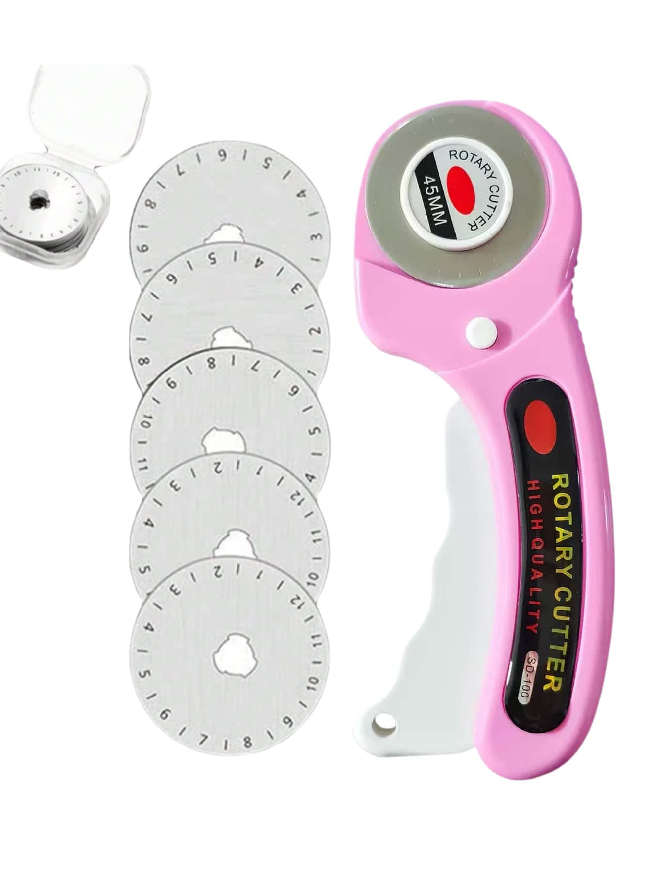 Cortador rotativo de 45 mm con 5 cuchillas de repuesto, mango ergonómico con función de bloqueo, apto para tela, cuero, manualidades, costura, acolchado, utilizable tanto para manos izquierdas como derechas - Multicolor - Ver 1