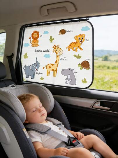1pc Cute Animal World Car Sun Shade For Kids, Universal Window Sun Shade With Cartoon Giraffe Lion Print, UV Protection Car Sun Visor For Baby, Hot Selling High Conversion Auto Accessories