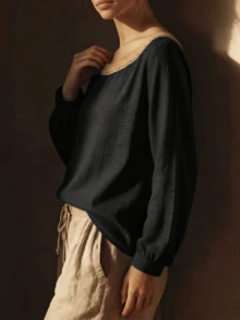 女士休闲蕾丝边亚麻长袖套头衫，适合休闲度假穿着，春季款 - 黑色和金色 - 查看 4