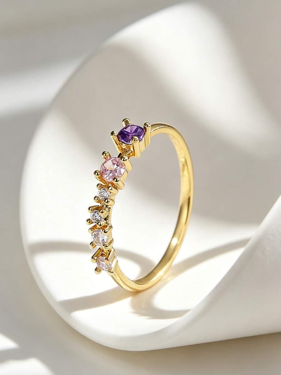 Charm-In Nhẫn đồng mạ vàng 18K đính đá CZ màu tím và hồng, kiểu dáng thanh mảnh, có thể đeo chồng lên nhau, dành cho nữ. - Vàng - Xem 1
