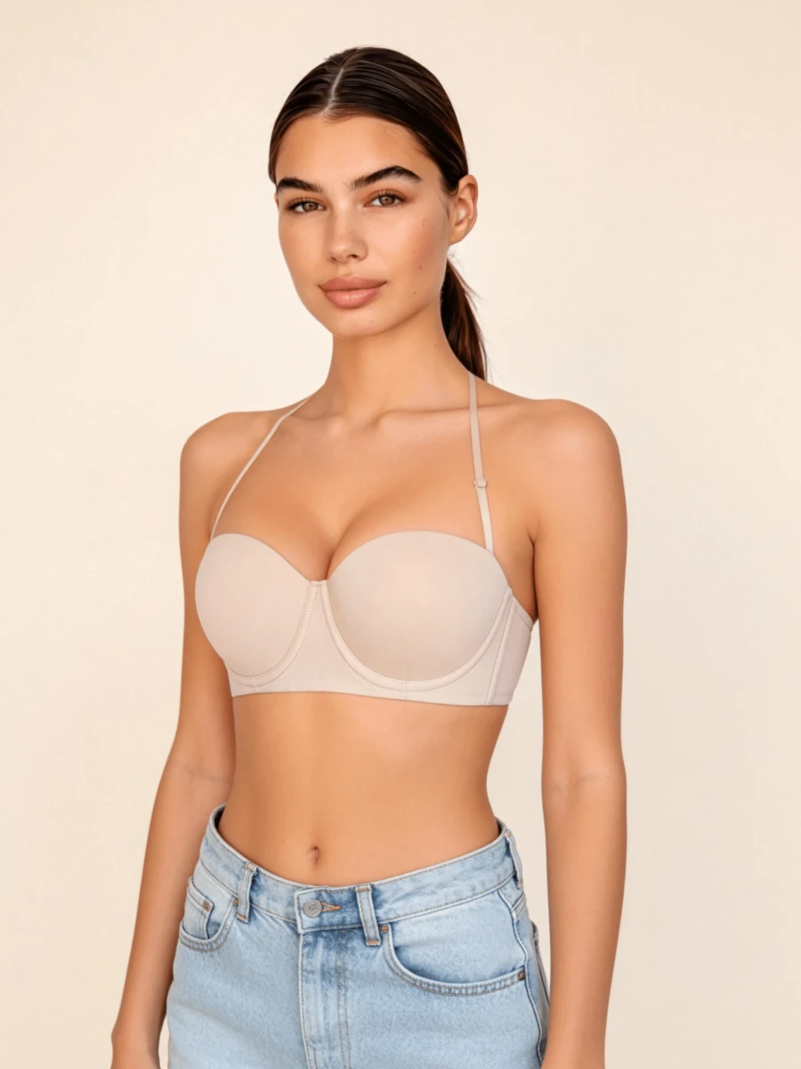 Lilivine 蜜桃女孩米色光滑半罩杯钢圈文胸，舒适女士内衣，带支撑钢圈和时尚后背设计