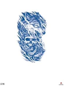 1 hoja Tatuaje temporal de gráfico animal botánico del Rey Lobo para hombres, tatuaje creativo y novedoso, resistente al agua, adecuado para brazos, piernas, cintura y otras partes del Body, arte de tatuaje realista y de moda, fácil de aplicar y retirar, dura de 7 a 10 días - Azul - Ver 4